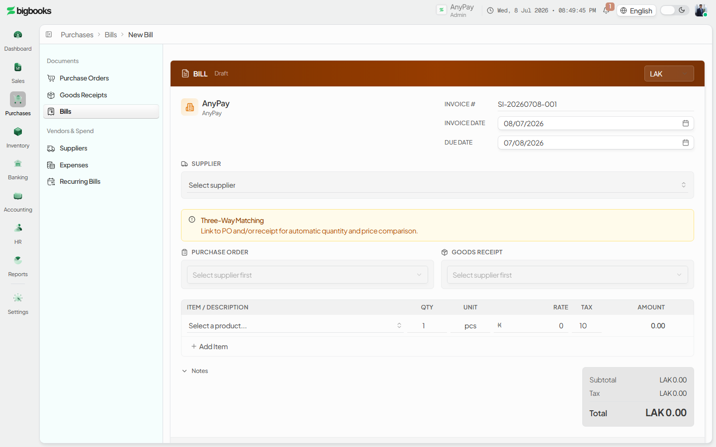 Supplier invoice editor with supplier, linked purchase order, and line items.