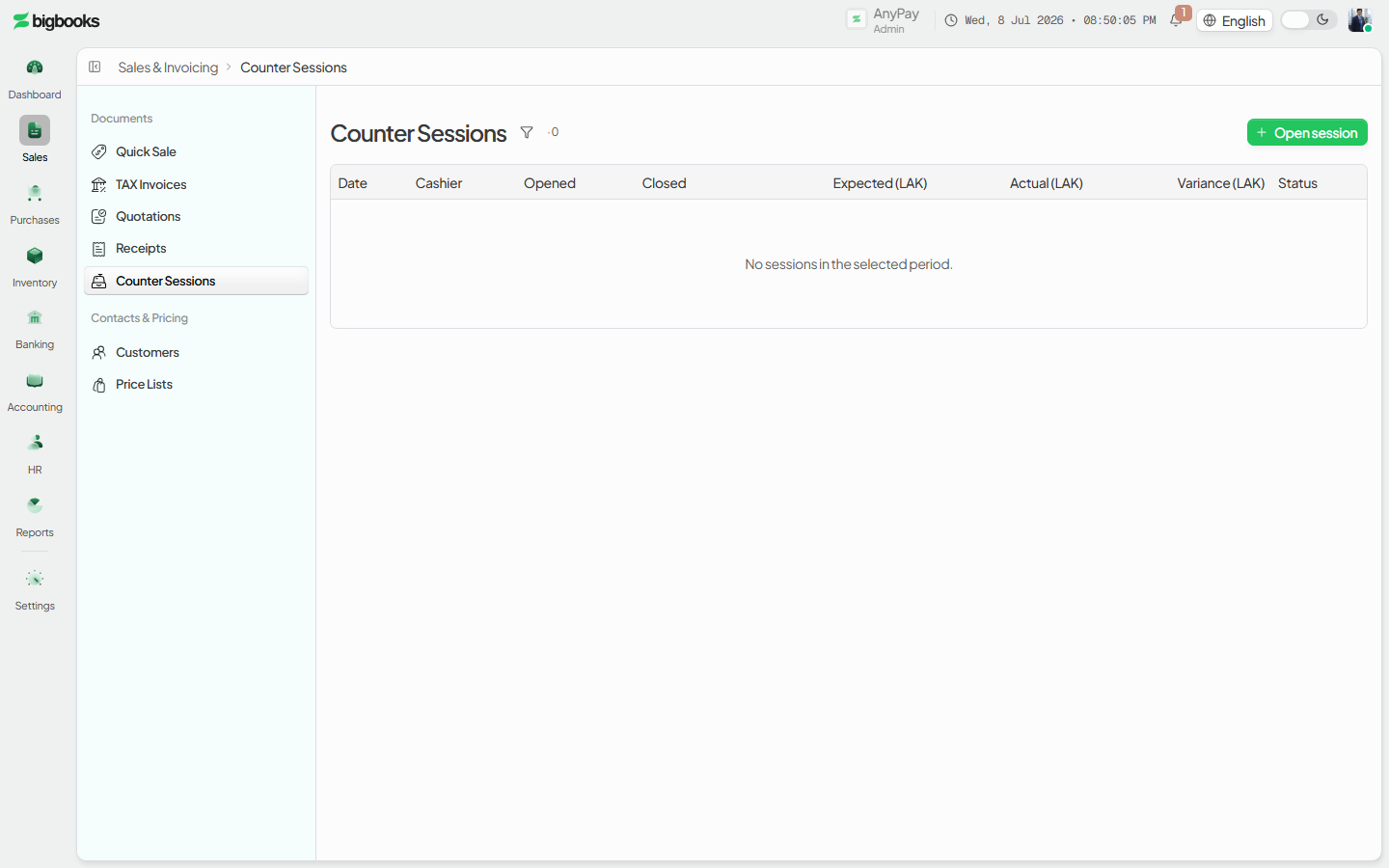 Cash Book ledger for one bank account with running balance and reconciliation status.