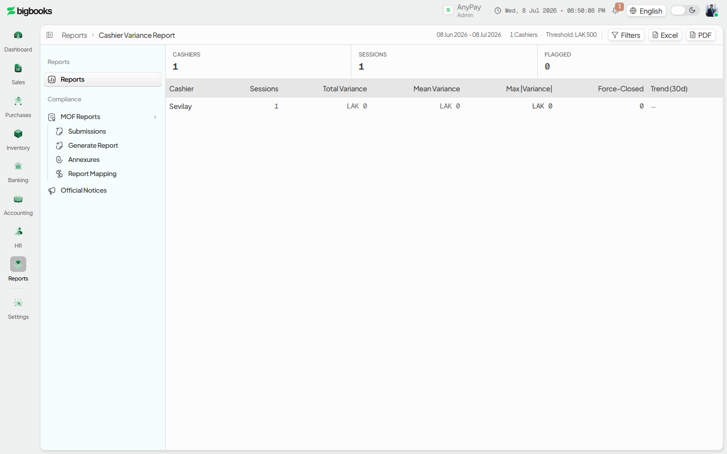 Cashier Variance report with the per-cashier grid, summary strip, and threshold meta.