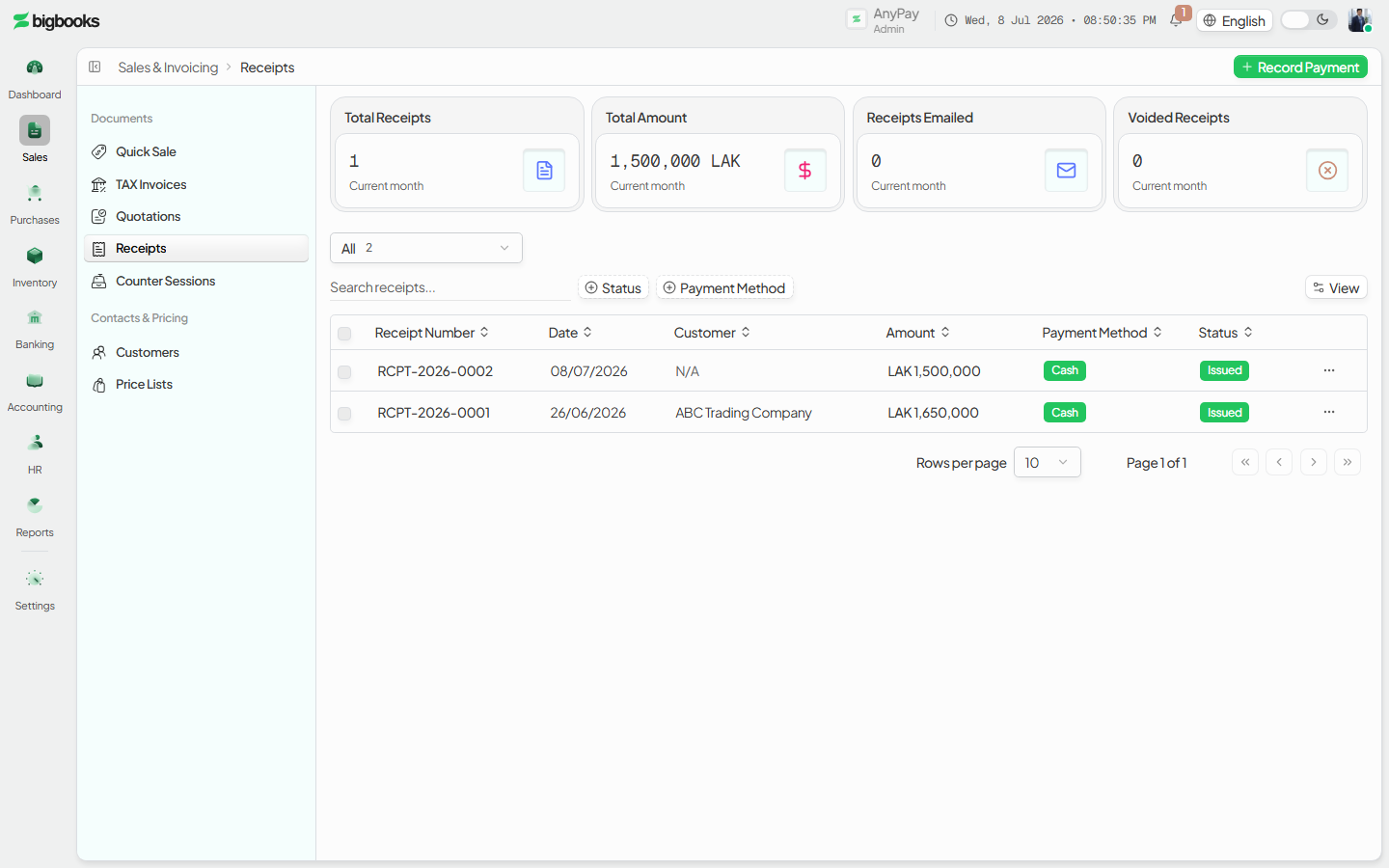 The payment editor switched to Direct Receipt mode — no invoice list, with a Deposit-to and Income account picker.