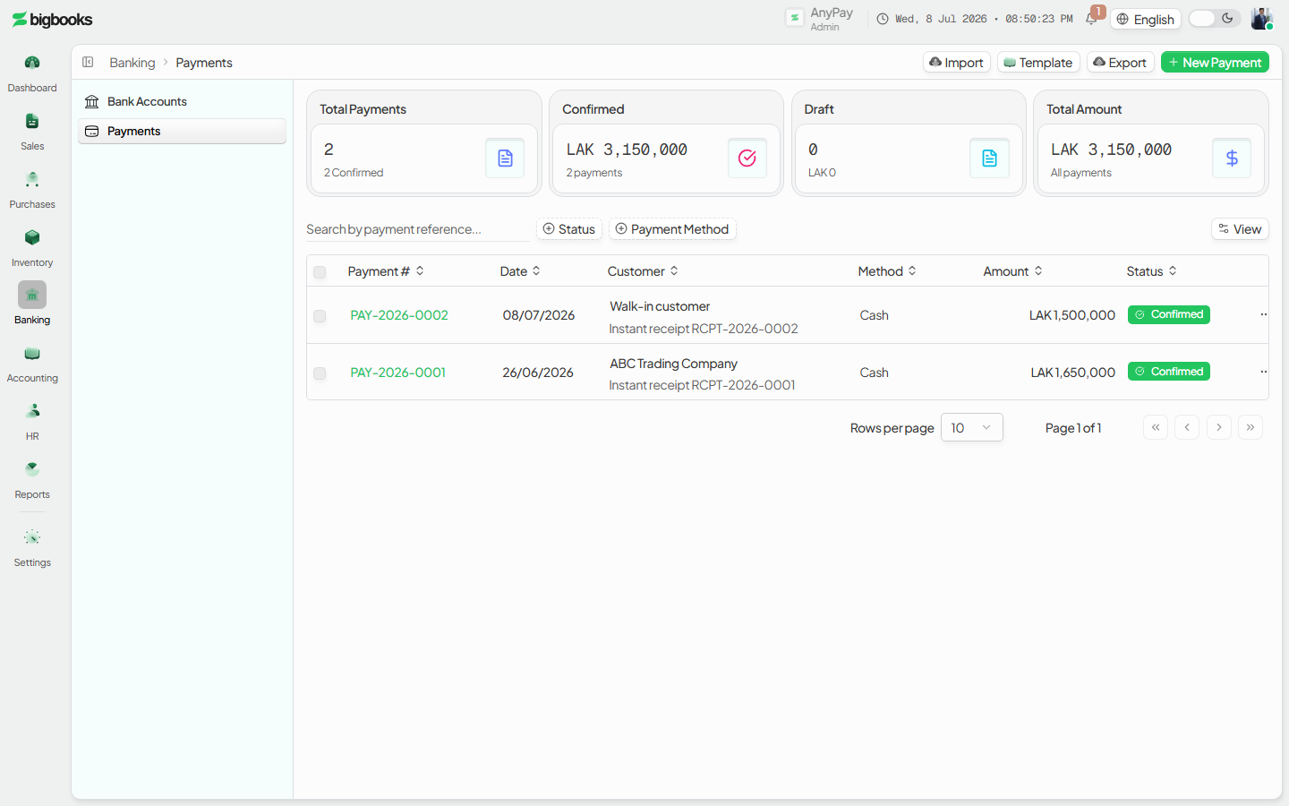 Customer selector and the bank-allocation row showing the deposit account and amount.