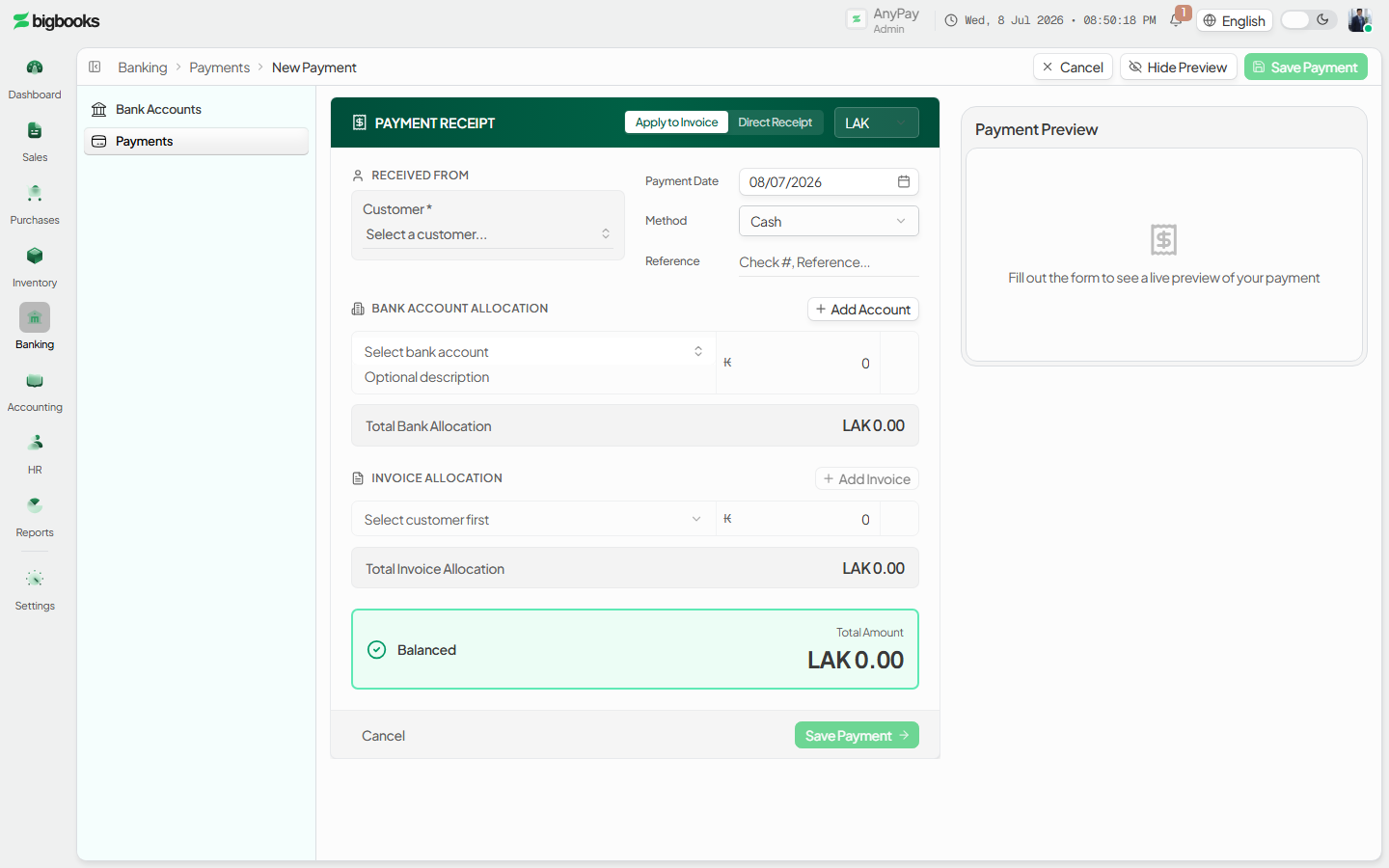 The document-style payment editor in Apply to Invoice mode, with the mode toggle and currency selector in the header.