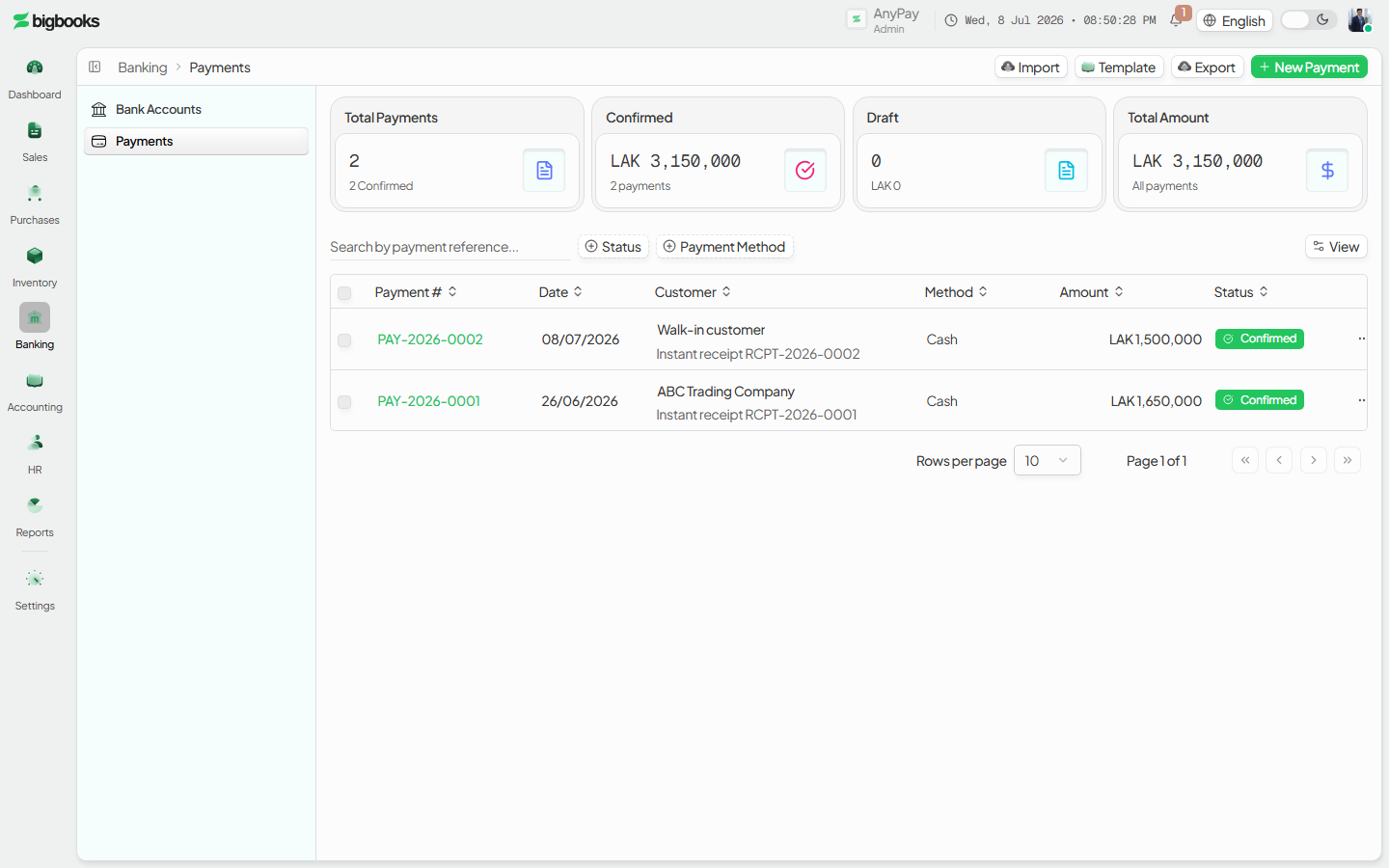 Invoice-allocation grid listing open invoices with their remaining balances and the applied amounts, plus the green Balanced indicator.