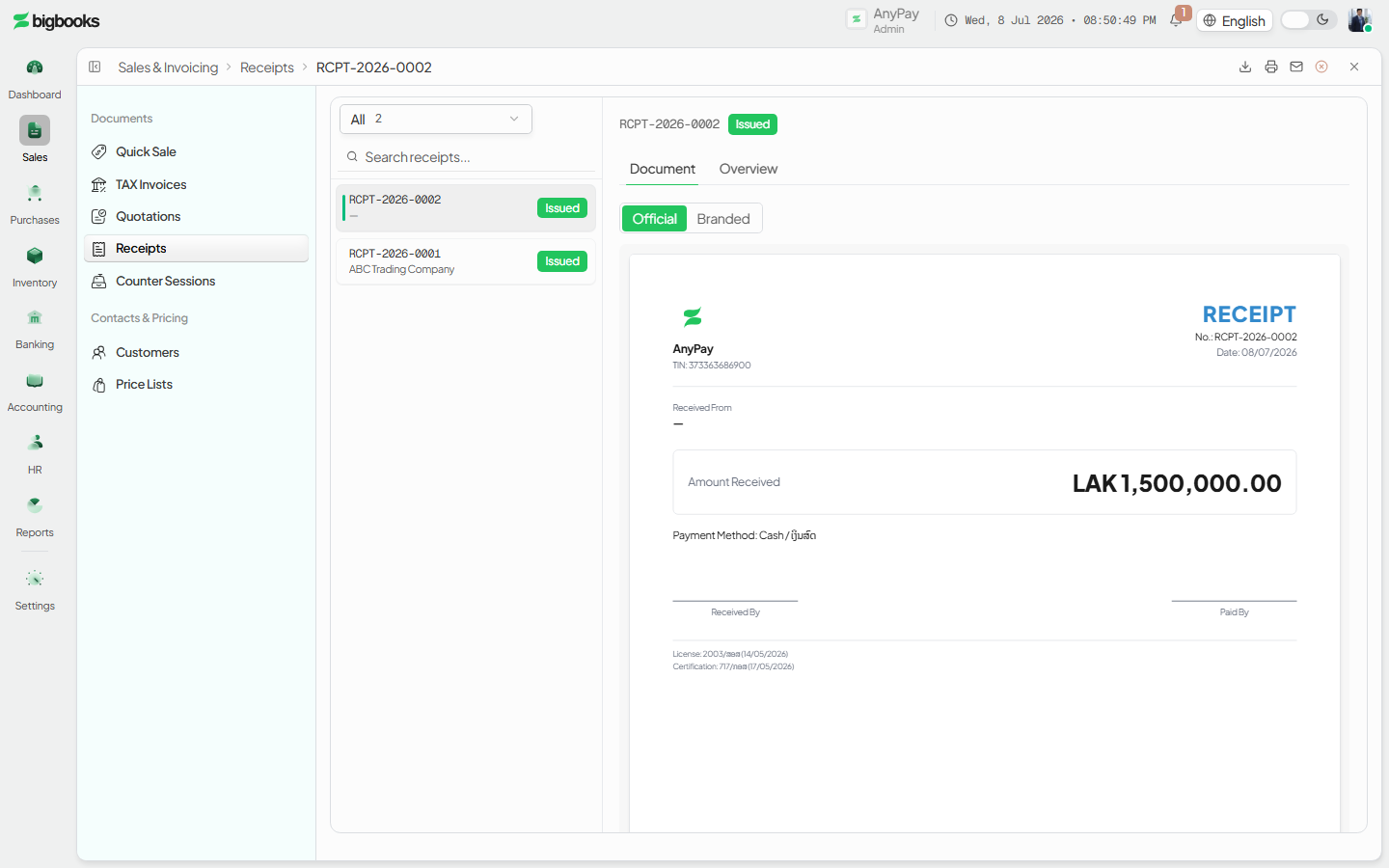 The receipt detail panel with the Document tab and the icon-button header actions (download, print, email, void).