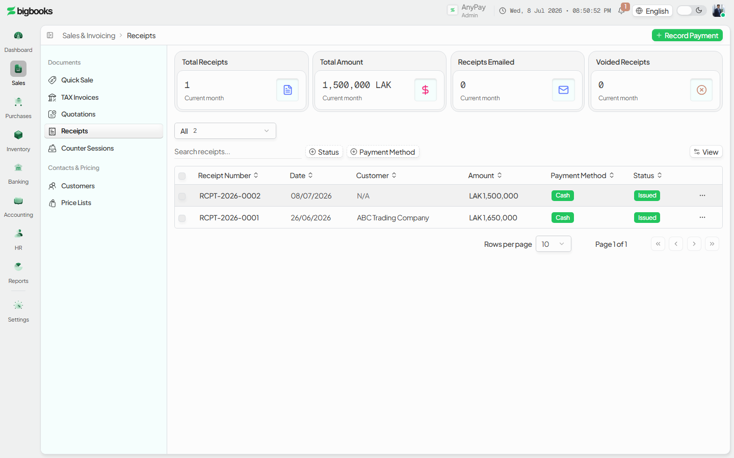 The Official / Branded template toggle above the live receipt preview.
