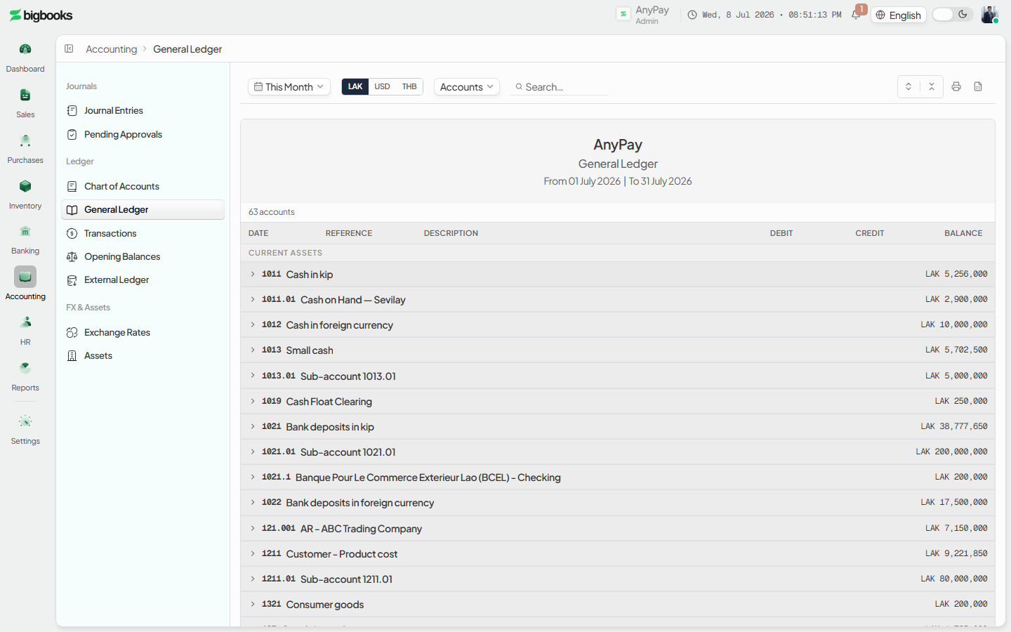 General Ledger report-view: filter bar (date range, currency, accounts) above the per-account summary.