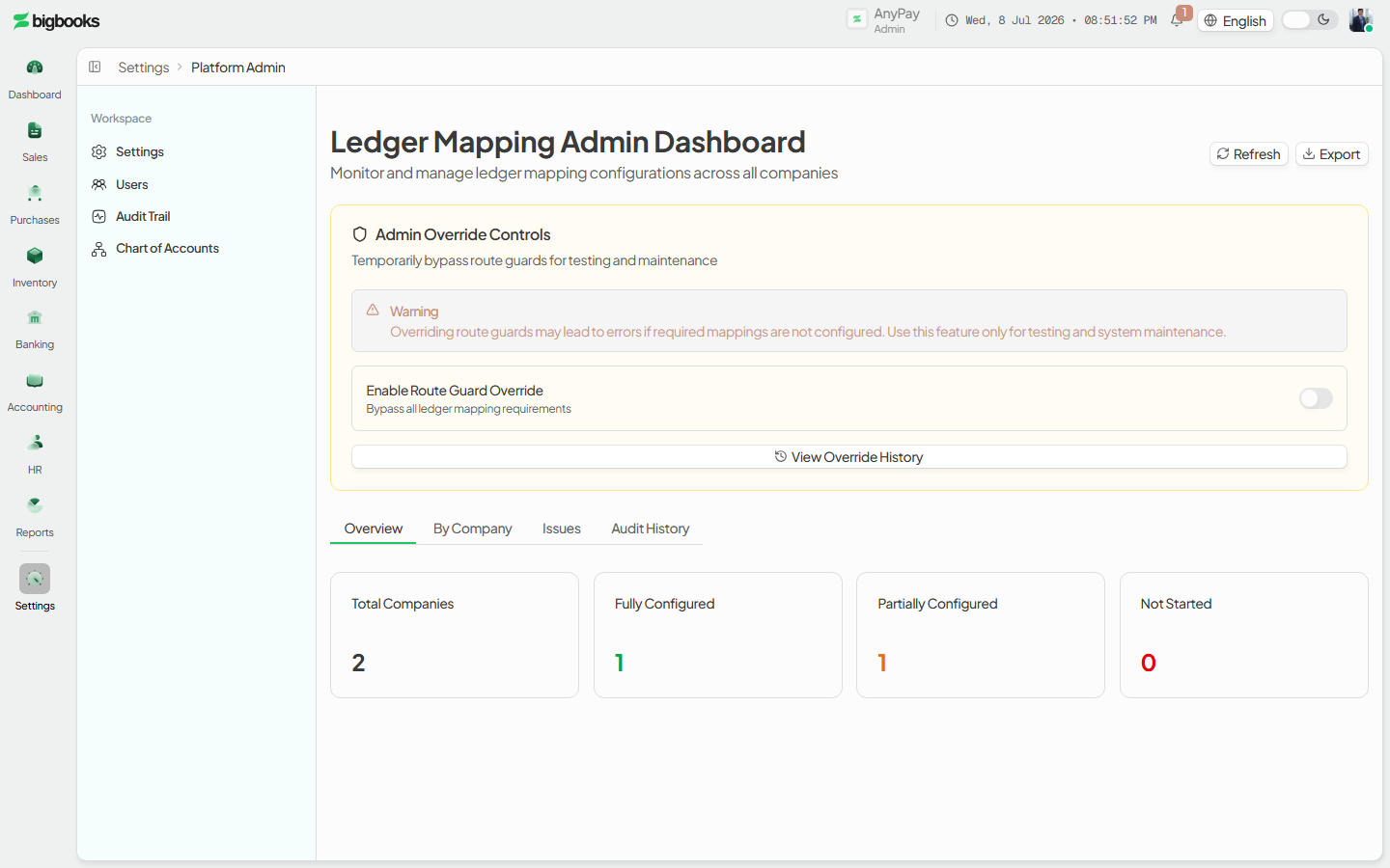 Admin override panel on the ledger-mappings dashboard.