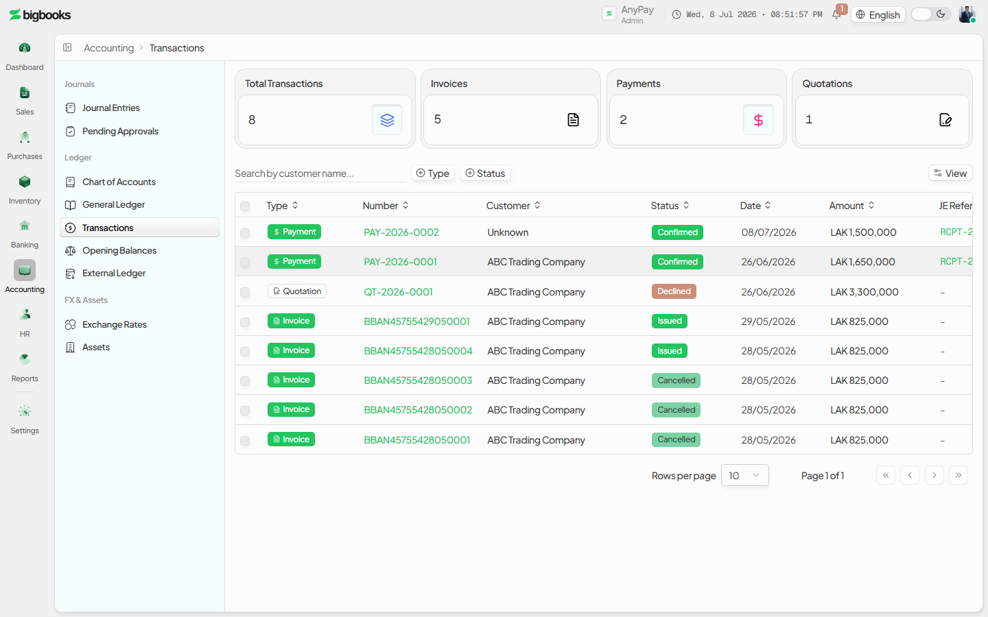 Unified transactions history: one table across invoices, payments, quotations, and journal vouchers.