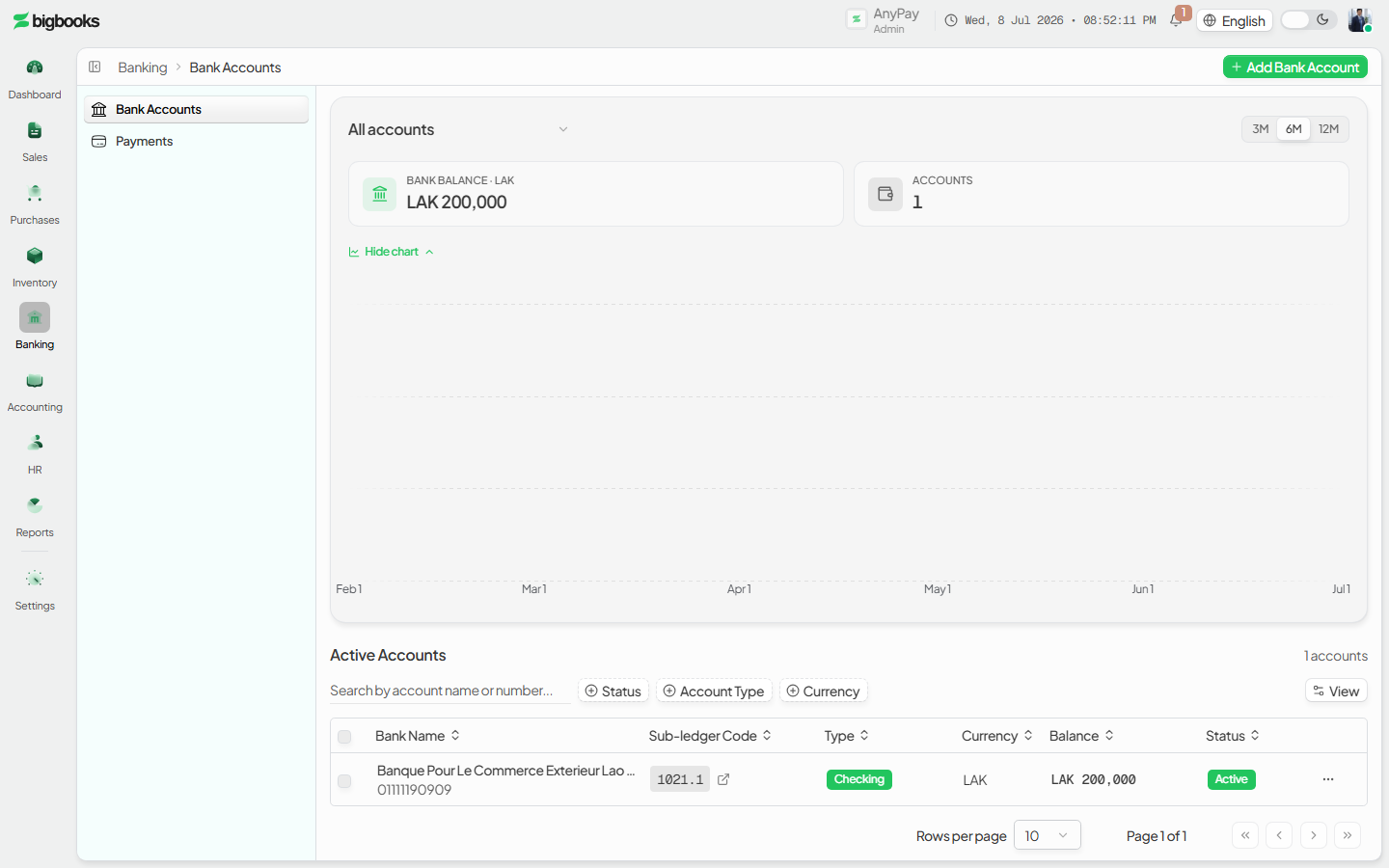 The Add Bank Account dialog with bank name, account number, COA code, account type, and currency.