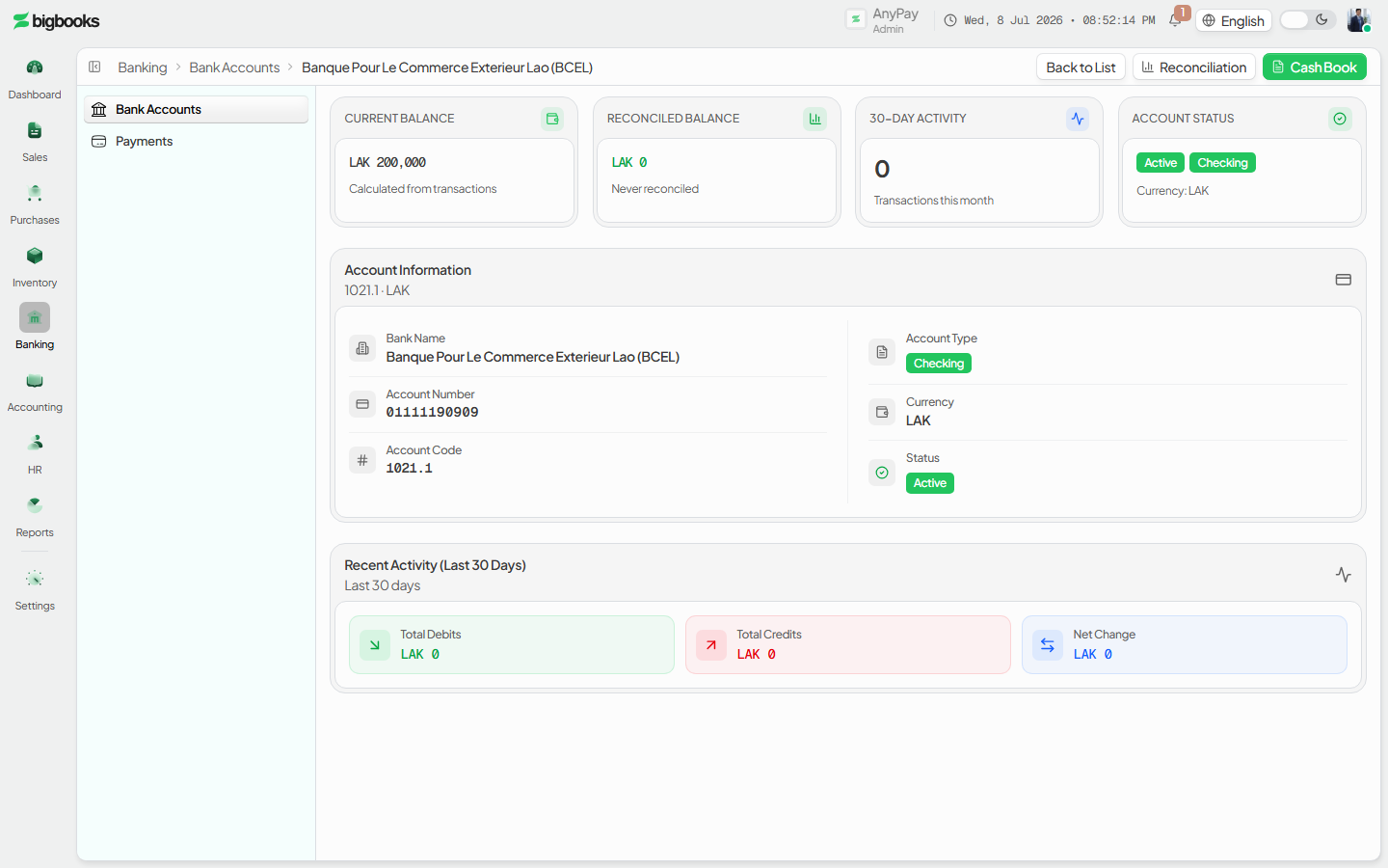 Bank account detail page: current vs reconciled balance cards, account information grid, and the 30-day activity summary.