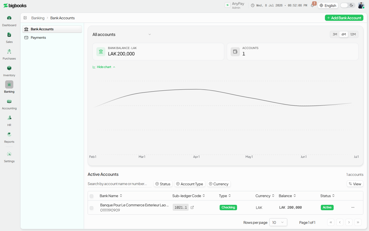Bank accounts screen: the balance Overview card with per-currency tiles and the trend chart, above the Active Accounts table.