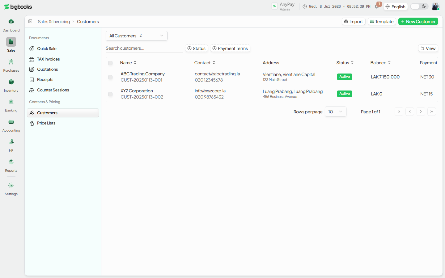 The New customer sheet with name, contact, address, payment terms, and credit-limit fields.