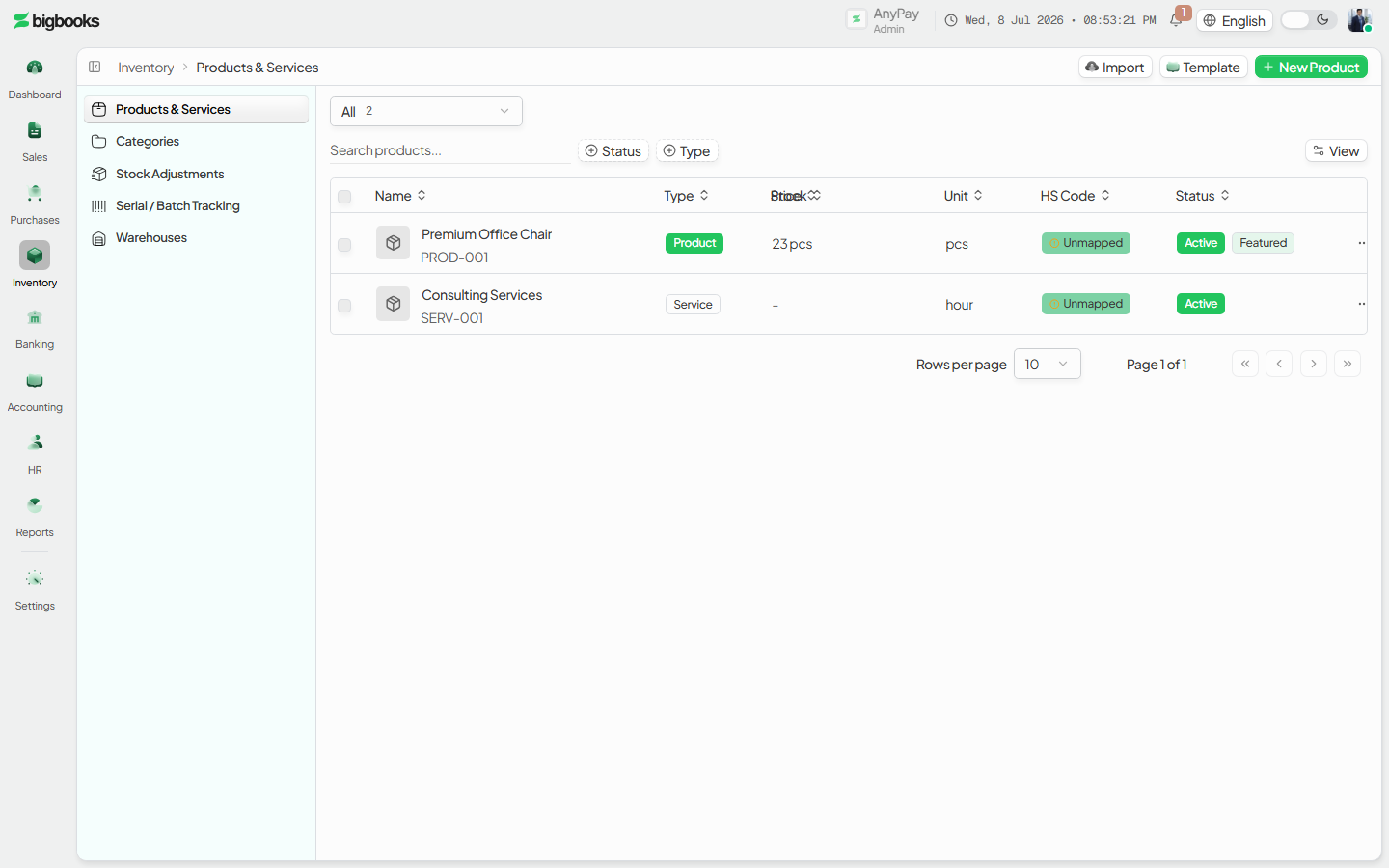 The product categories screen with stats cards and the category table.
