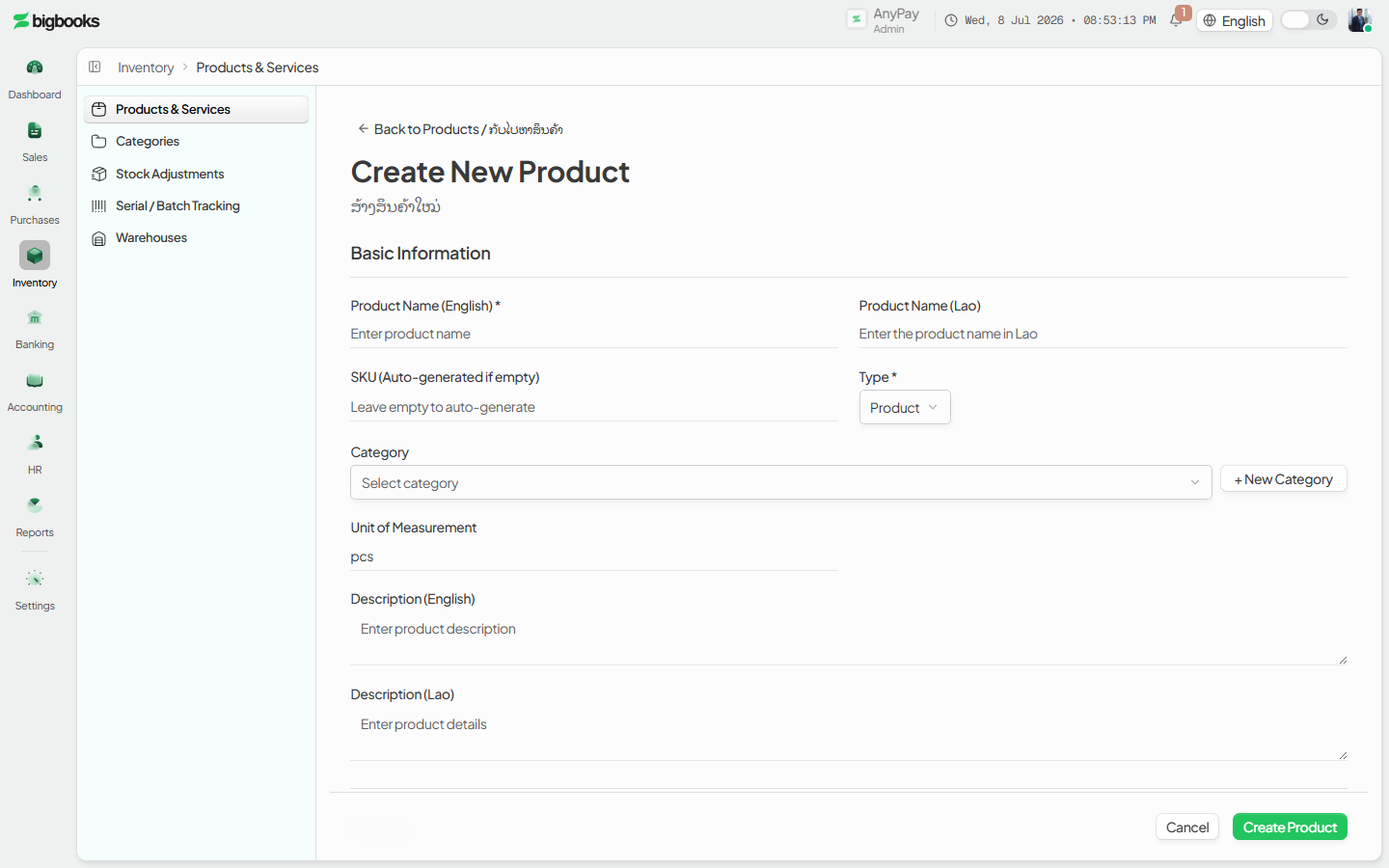 The New product sheet with name, SKU, type, price, tax rate, unit, category, and accounting fields.