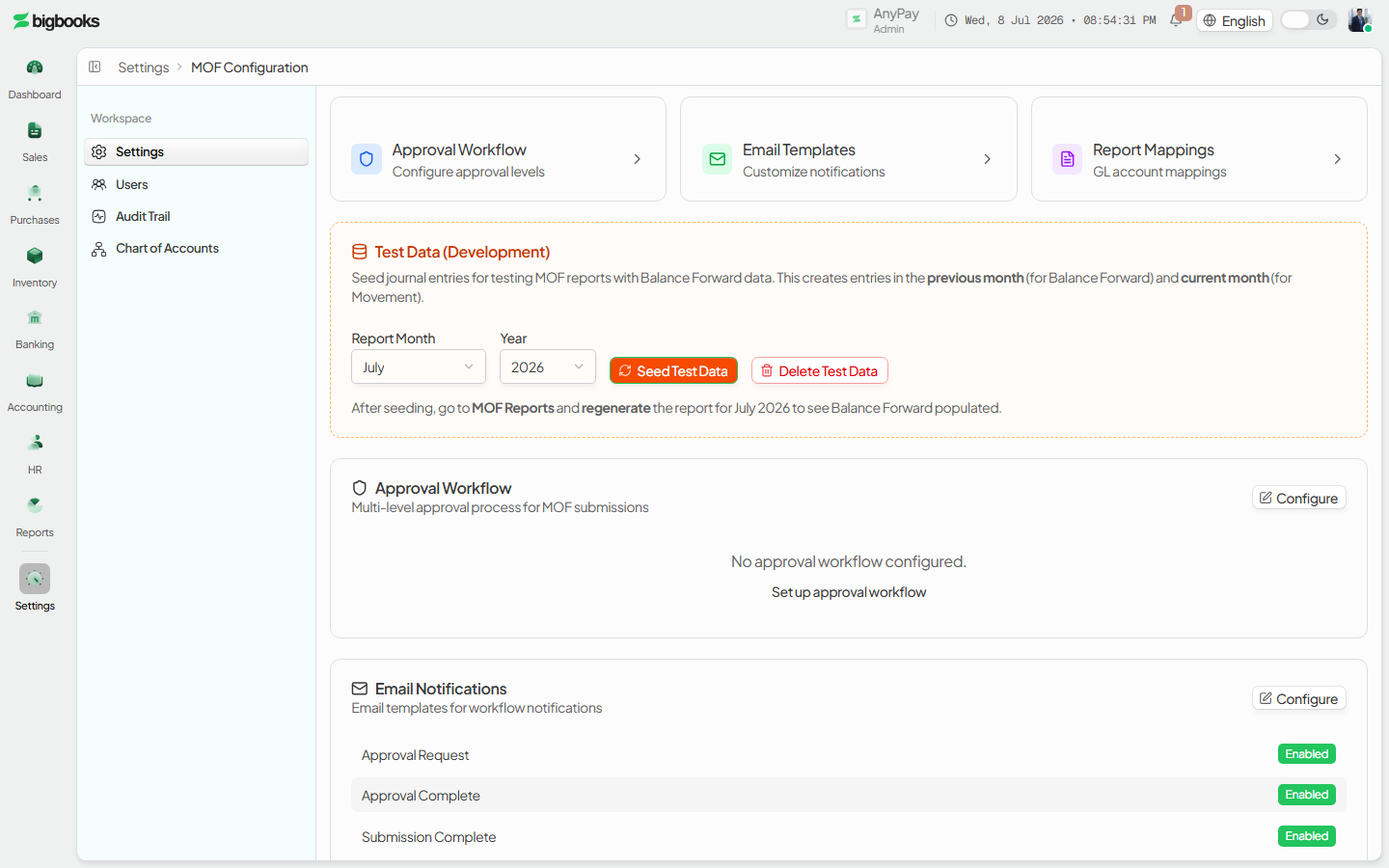 AInvoiceX integration form with credentials, environment selector, and Test Connection.
