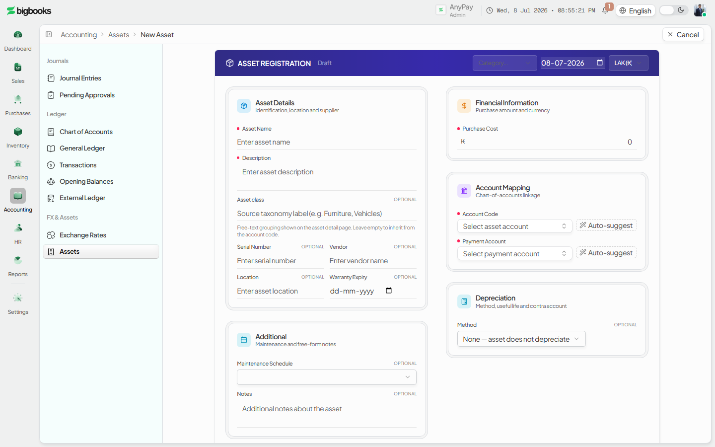 New-asset form with cost, account code, depreciation method, useful life, and salvage value.