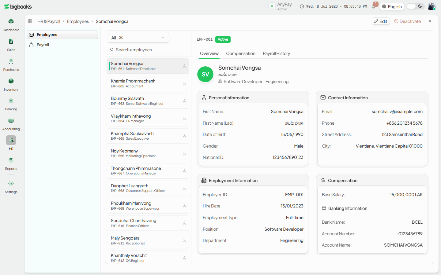 Employee detail panel with Overview, Compensation, and Payroll tabs.