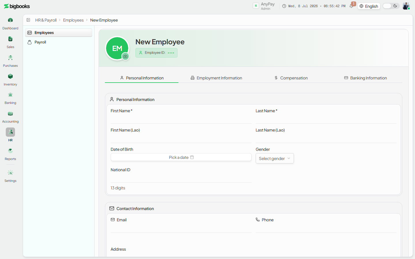 New-employee form: personal, contact, address, employment, and base-salary sections.