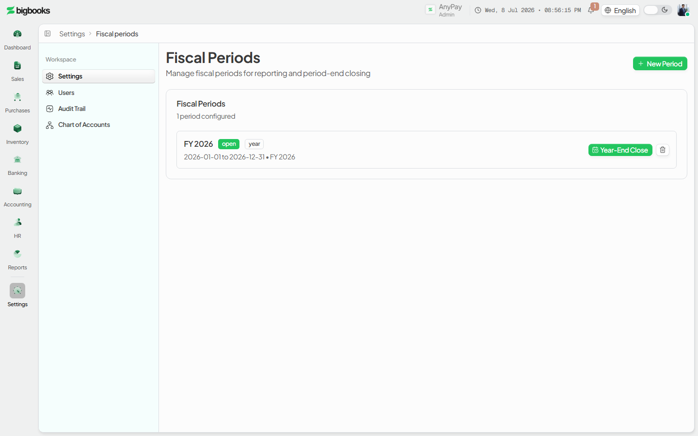Create Fiscal Period dialog with name, period type, start/end dates, and fiscal year.