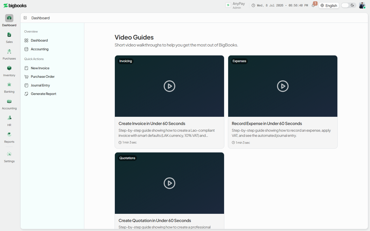 The Video Guides library: a grid of episode cards with category badge, title, description, and duration.