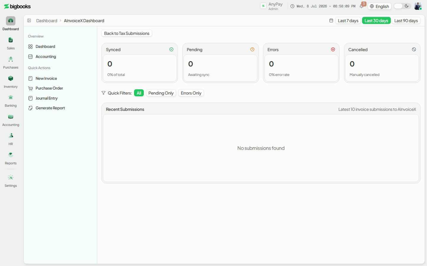 Pending submissions with row selection, bulk Retry/Cancel, retry counts, and last-error messages.