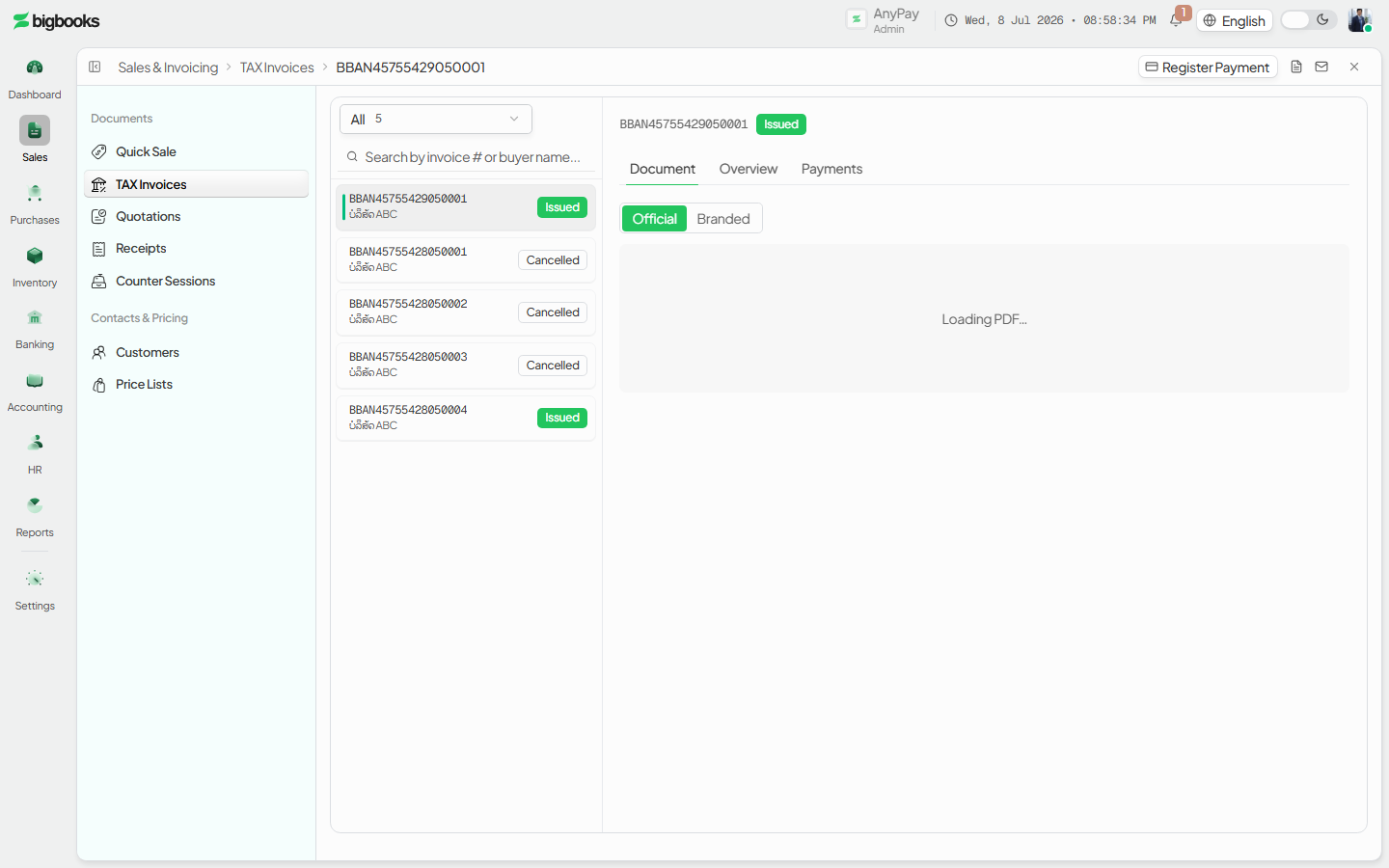 The new draft invoice as a one-line master row with its status badge and accent bar.