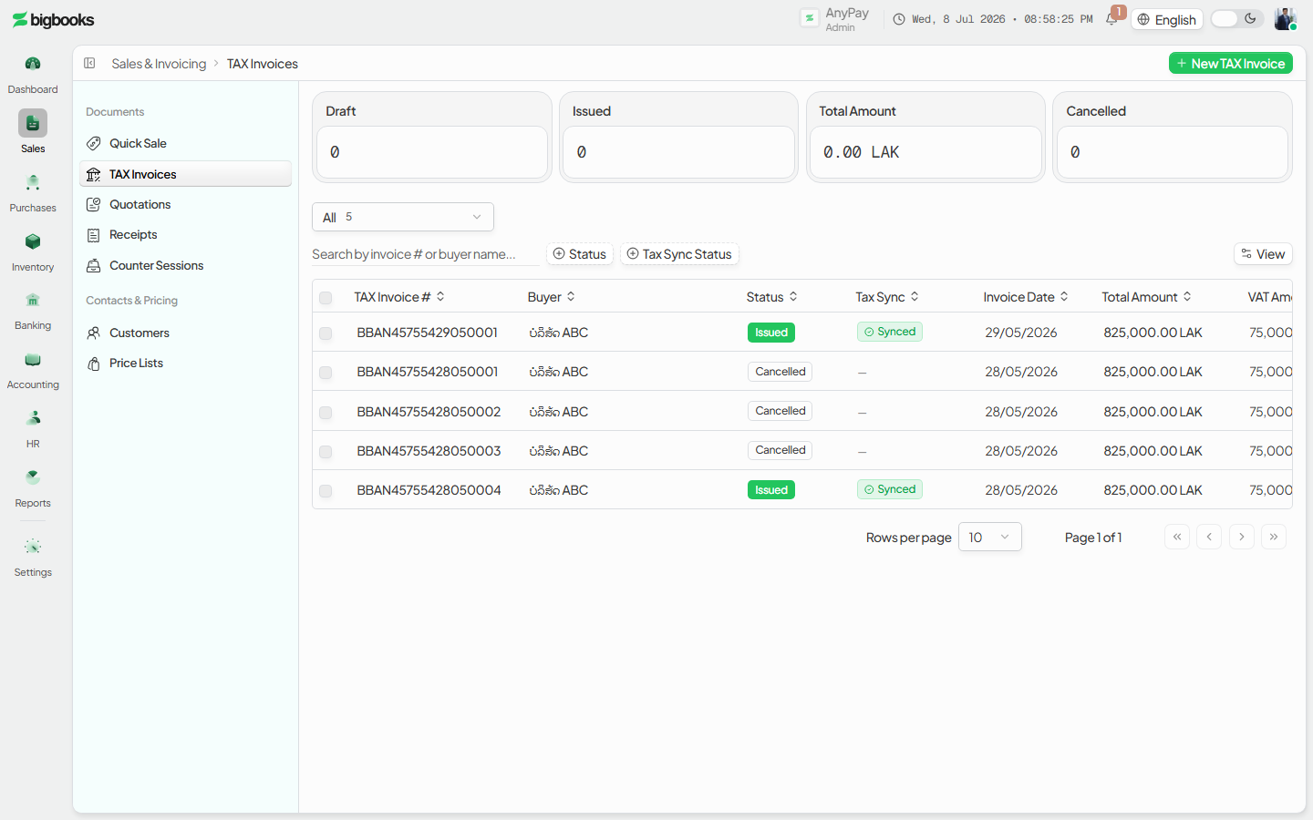 Tax invoices list-detail screen with the New action in the secondary header and status views (All / Draft / Issued / Cancelled).