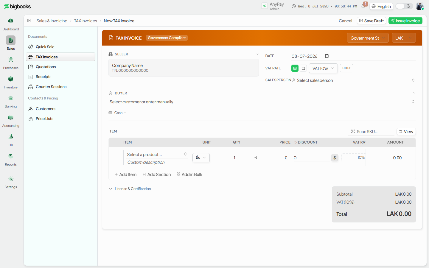 Tax invoice editor with VAT and DTTDF fields and the official-template preview.